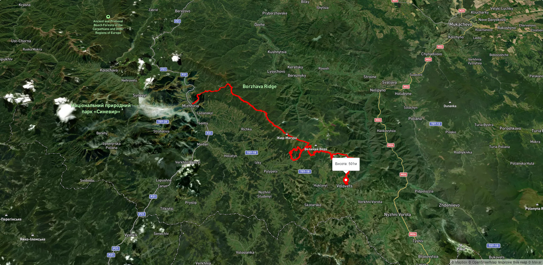 смт. Міжгір'я, через г. Жид-Магура, г. Гемба, вдсп. Шипіт до смт. Воловець