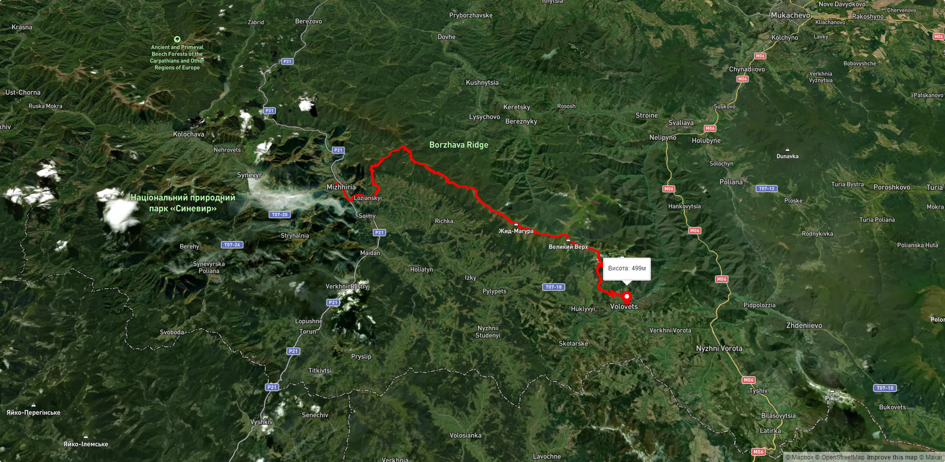 смт. Міжгір'я, через с. Сопки, г. Жид-Магура, г. Гемба, г. Великий Верх до с. Воловець