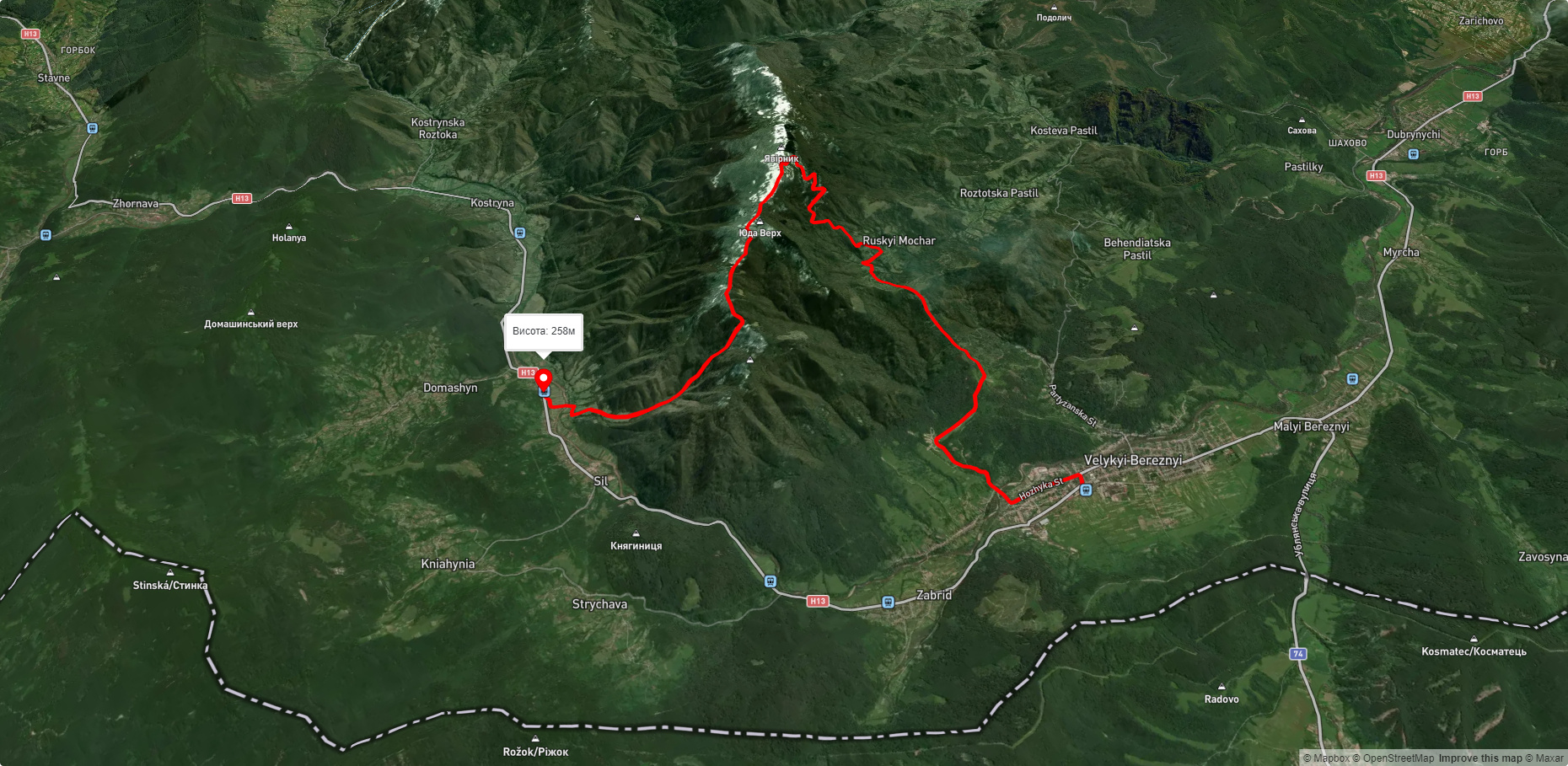 смт. Великий Березний, через с. Руський Мочар, г. Явірник до с. Сіль