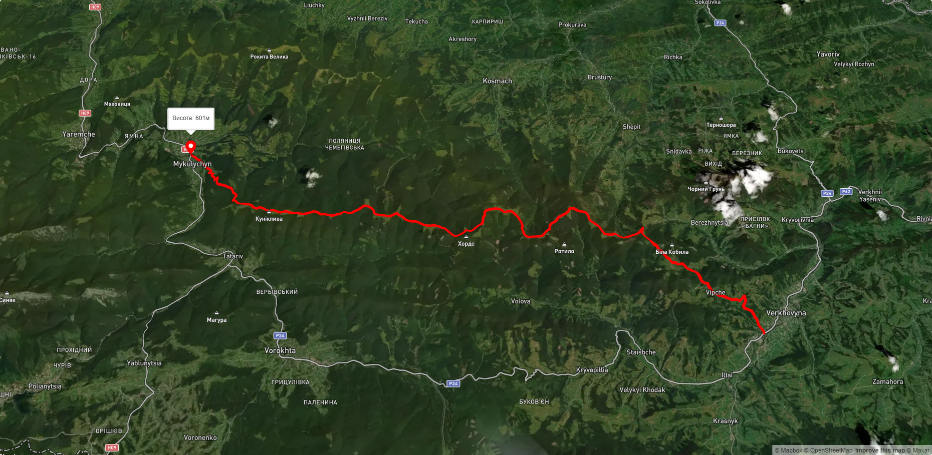 смт. Верховина, через г. Біла Кобила, г. Хорде, г. Ліснів до с. Микуличин