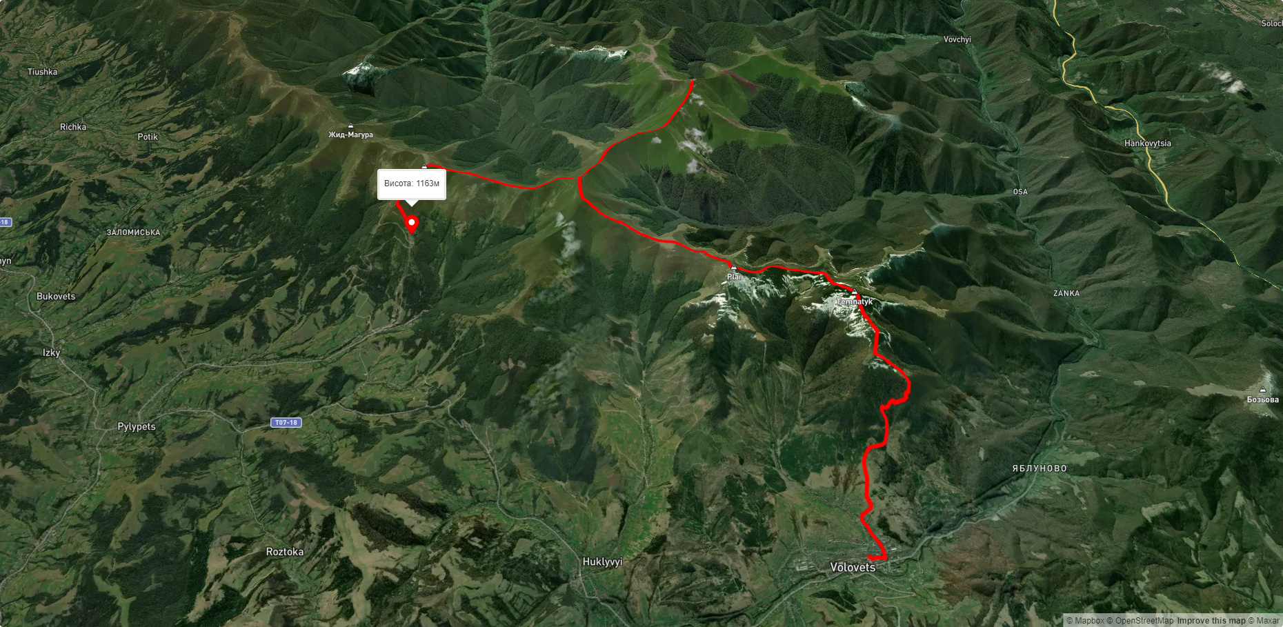 смт. Воловець, через г. Плай, г. Великий Верх, г. Стій, г. Гемба до вдсп. Шипіт 