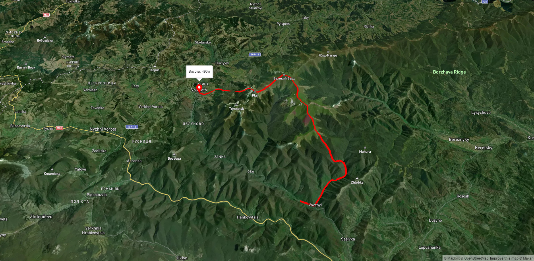 смт. Воловець, через г. Плай, г. Великий Верх, г. Стій, г. Зенева до с. Вовчий