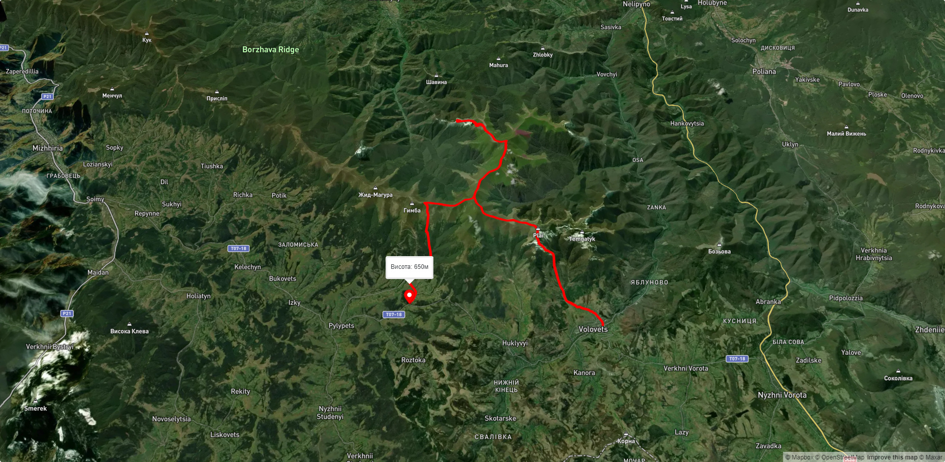 смт. Воловець, через г. Плай, г. Великий Верх, г. Стій, вдсп. Шипіт до с. Подобовець