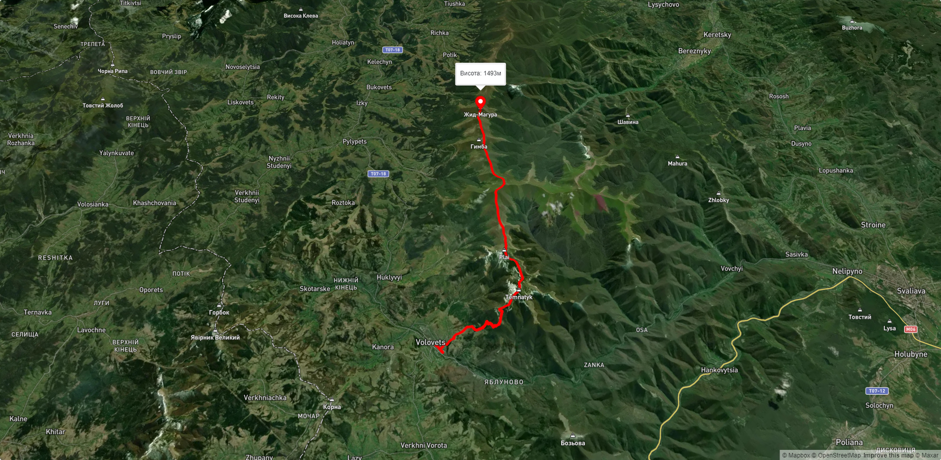 смт. Воловець, через г. Темнатик, г. Плай, г. Великий Верх, г. Гемба до г. Жид-Магура