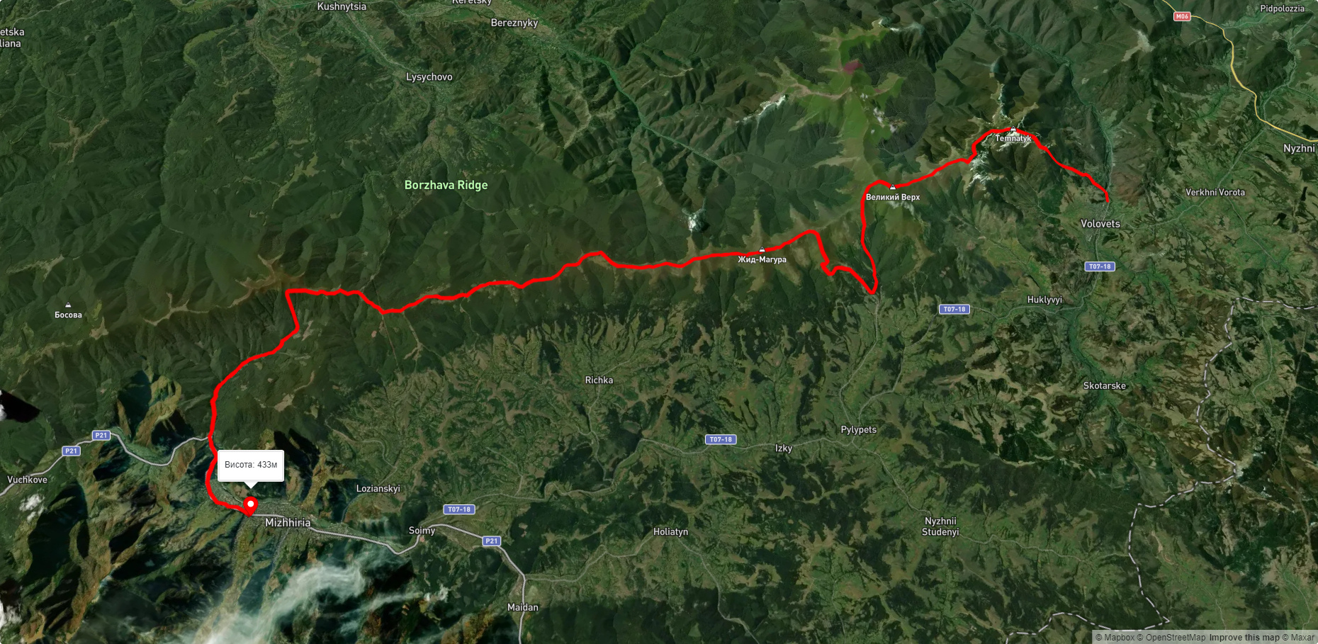 смт. Воловець, через г. Великий Верх, вдсп. Шипіт, г. Гемба, г. Жид-Магура до смт. Міжгір'я