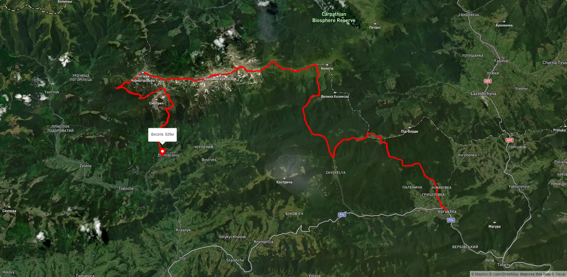 смт. Ворохта, через г. Кукул, г. Брескул, г. Ребра, г. Піп Іван Чорногірський до с. Дземброня