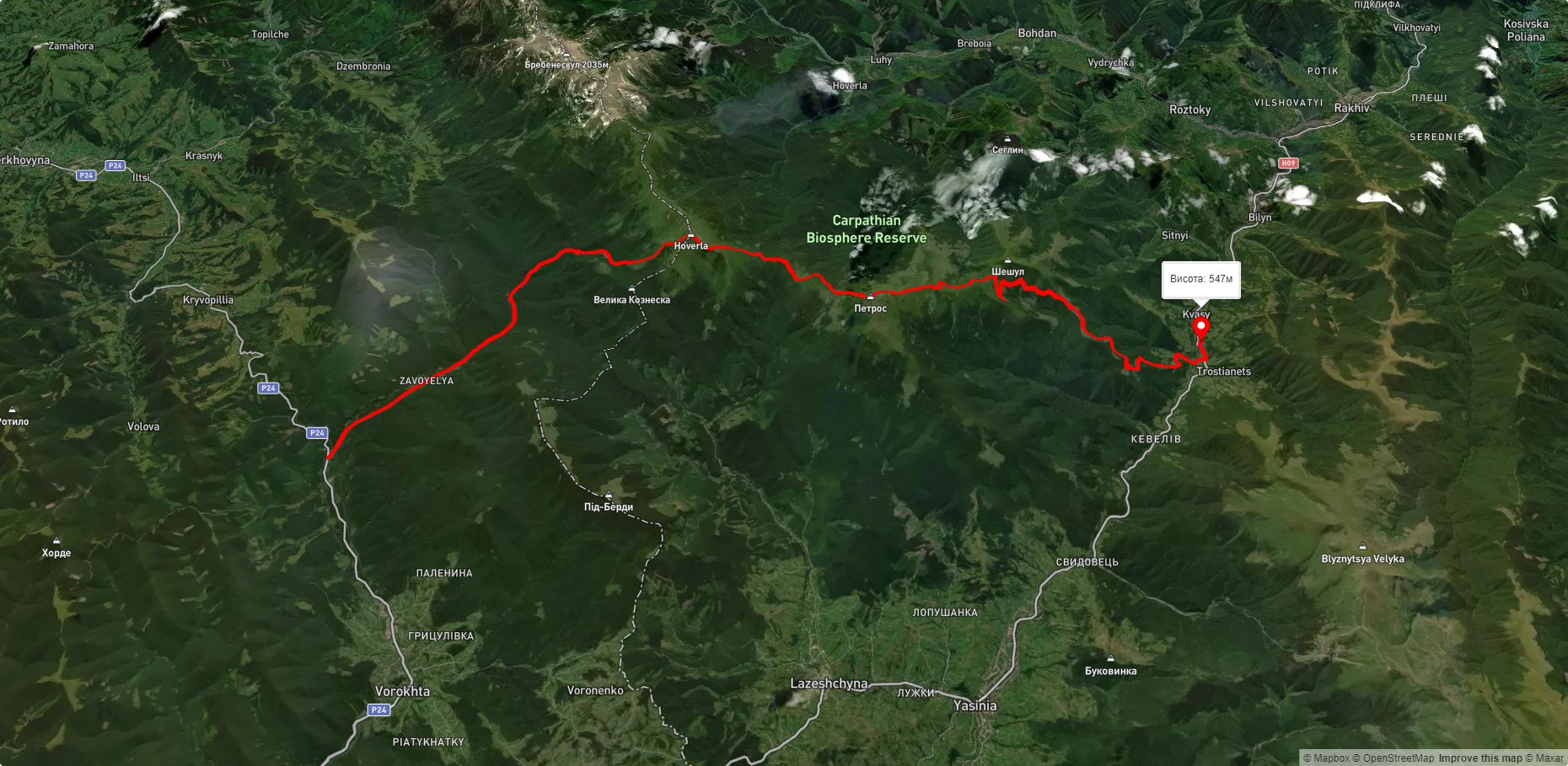 смт. Ворохта, через турбазу 'Заросляк', г. Говерла, г. Петрос до с. Кваси