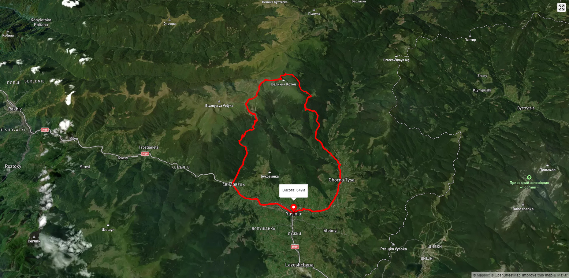 смт. Ясіня, через Драгобрат, г. Стіг, г. Великий Котел, с. Чорна Тиса до смт. Ясіня