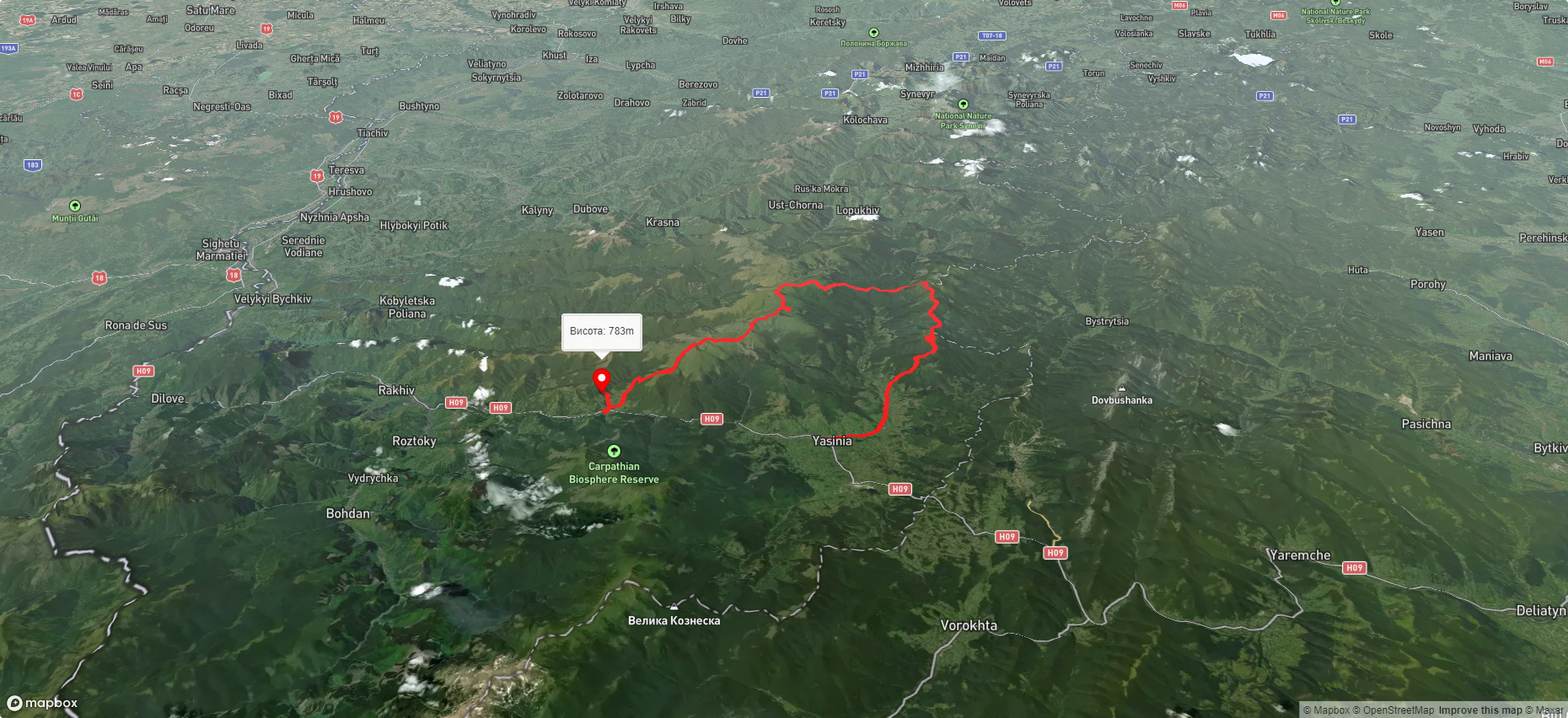 смт. Ясіня, через г. Братківська, г. Трояска, г. Близниця до с. Кваси