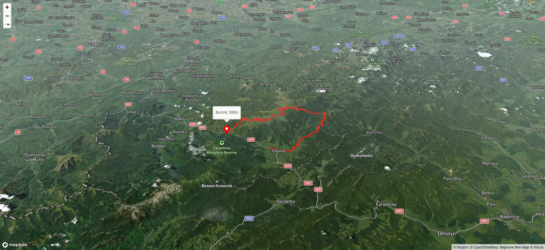 смт. Ясіня, через г. Чорна Клева, г. Братківська, г. Догяска, г. Близниця до с. Кваси