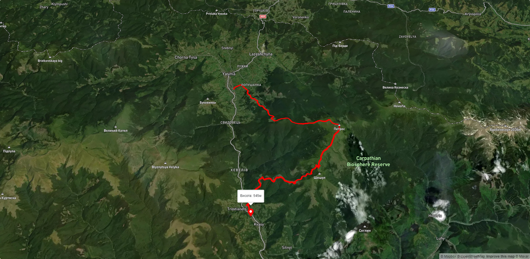 смт. Ясіня, через г. Петрос до с. Кваси