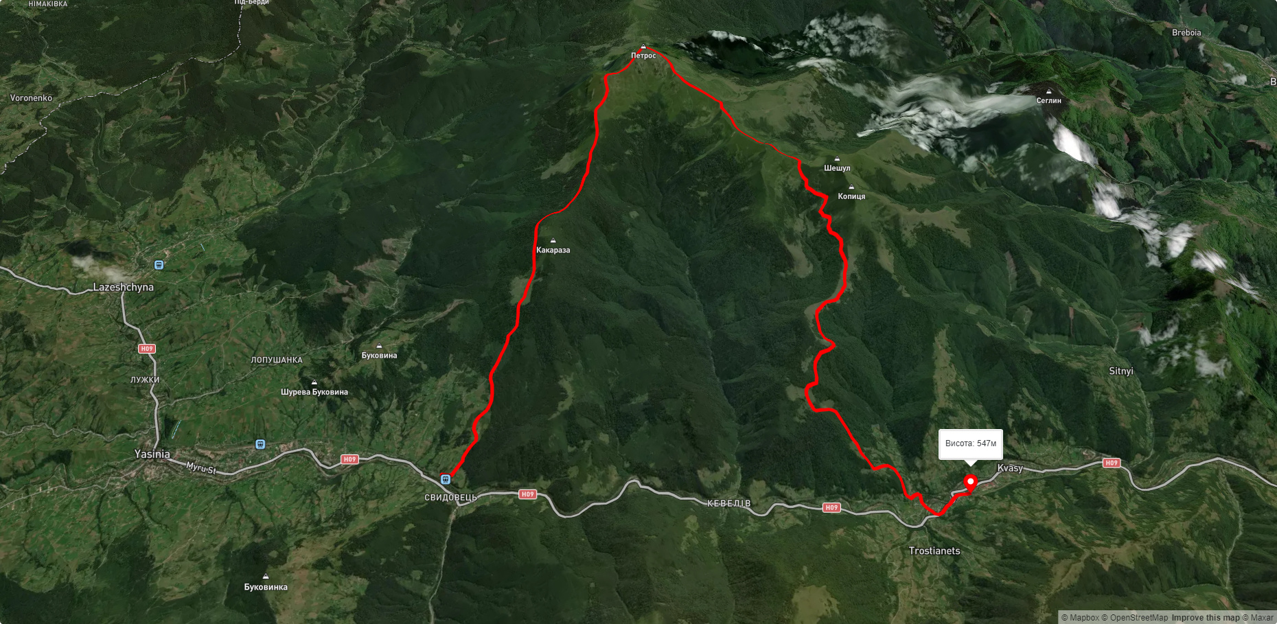 смт. Ясіня, через г. Петрос до с. Кваси