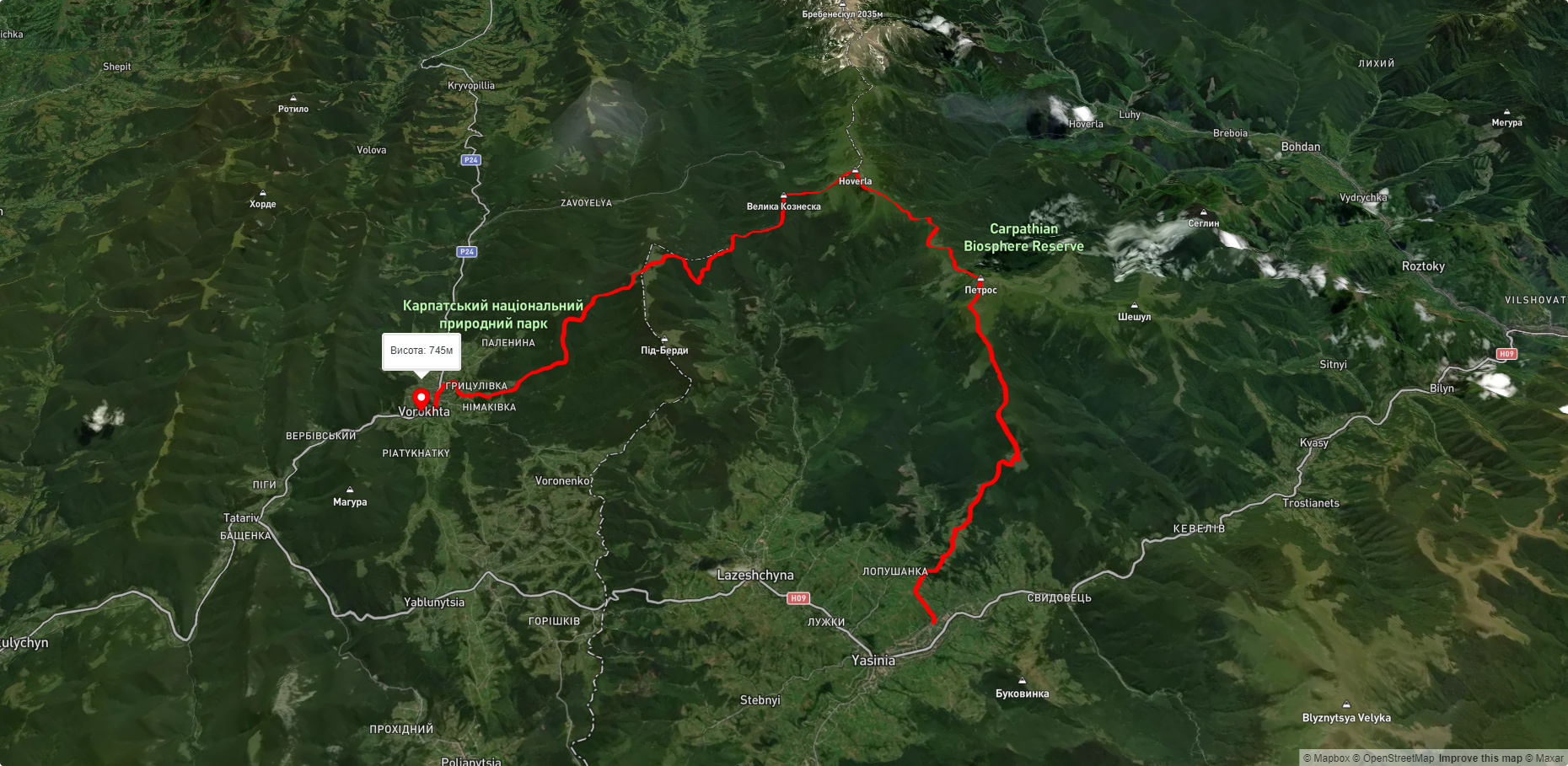 смт. Ясіня, через г. Петрос, г. Говерла, г. Кукул до смт. Ворохта