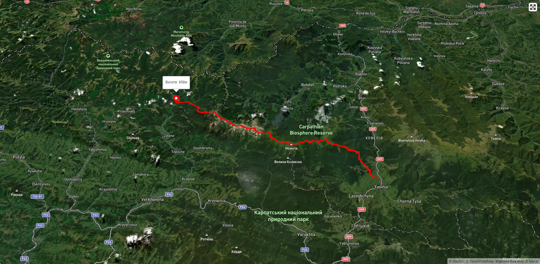 смт. Ясіня, через г. Петрос, г. Говерла, г. Піп Іван Чорногірський до с. Шибене
