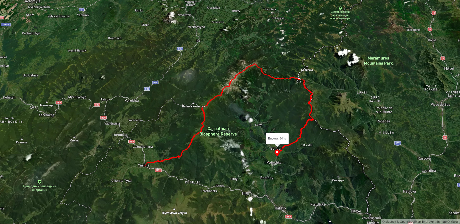смт. Ясіня, через г. Петрос, г. Говерла, г. Піп Іван Чорногірський, г. Міка-Маре до с. Богдан
