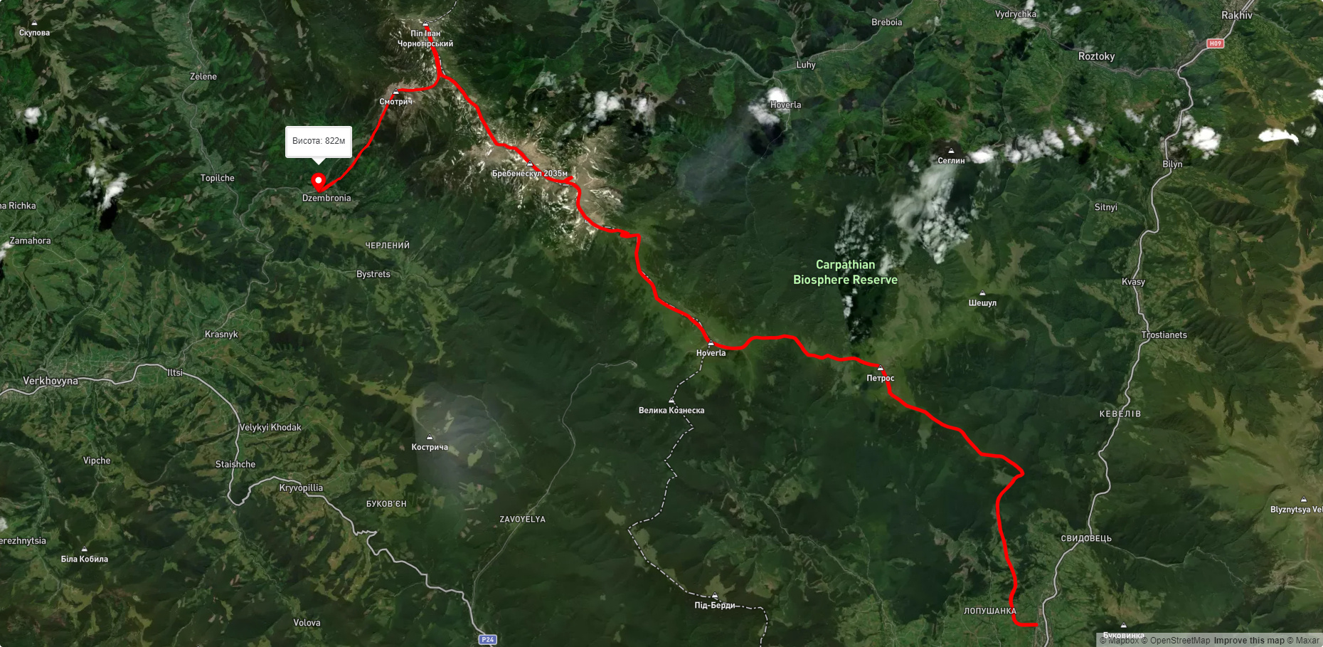 смт. Ясіня, через г. Петрос, г. Говерла, г. Ребра, г. Піп Іван Чорногірський до с. Дземброня