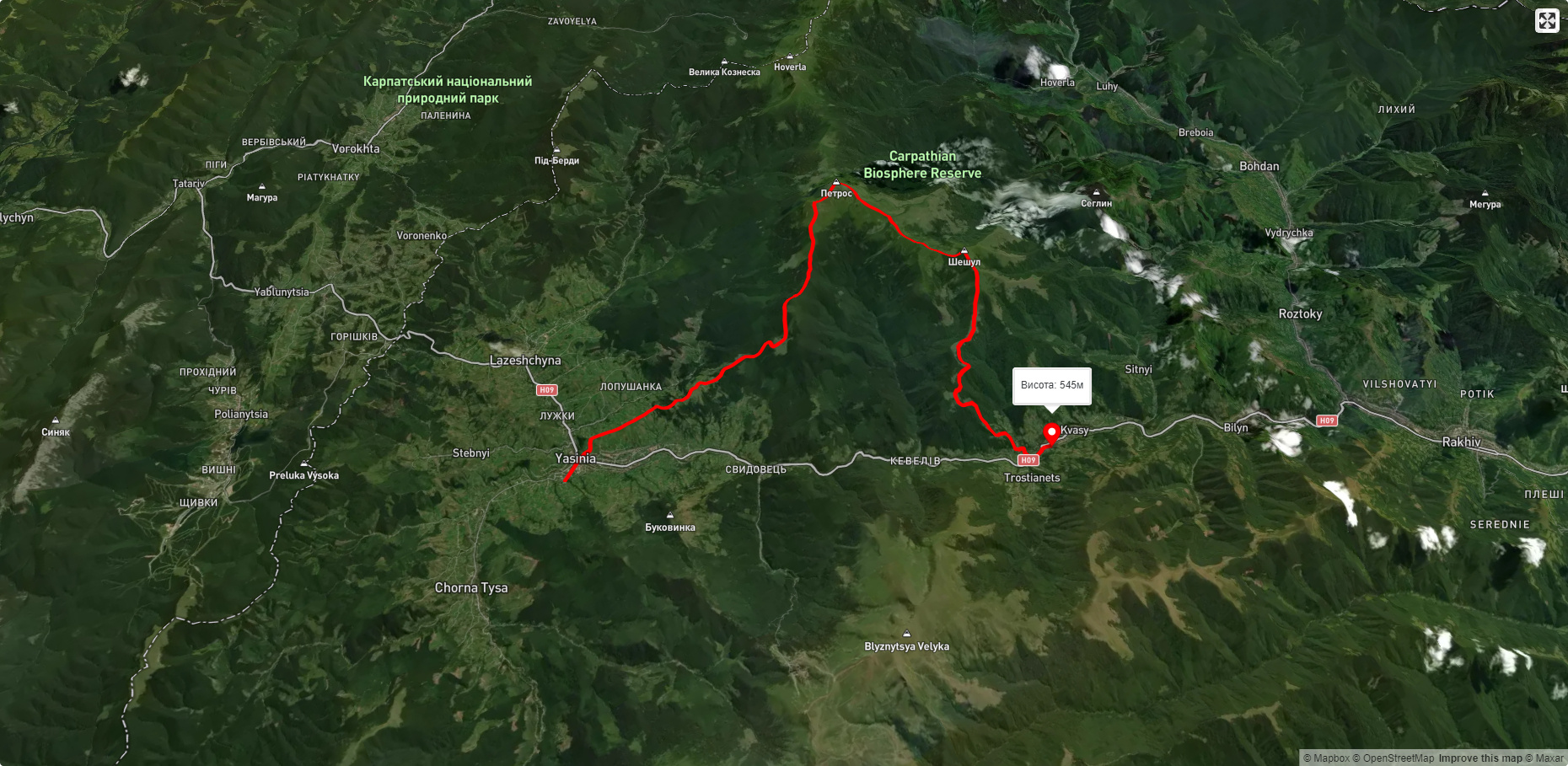 смт. Ясіня, через г. Петрос, г. Шешул до с. Кваси