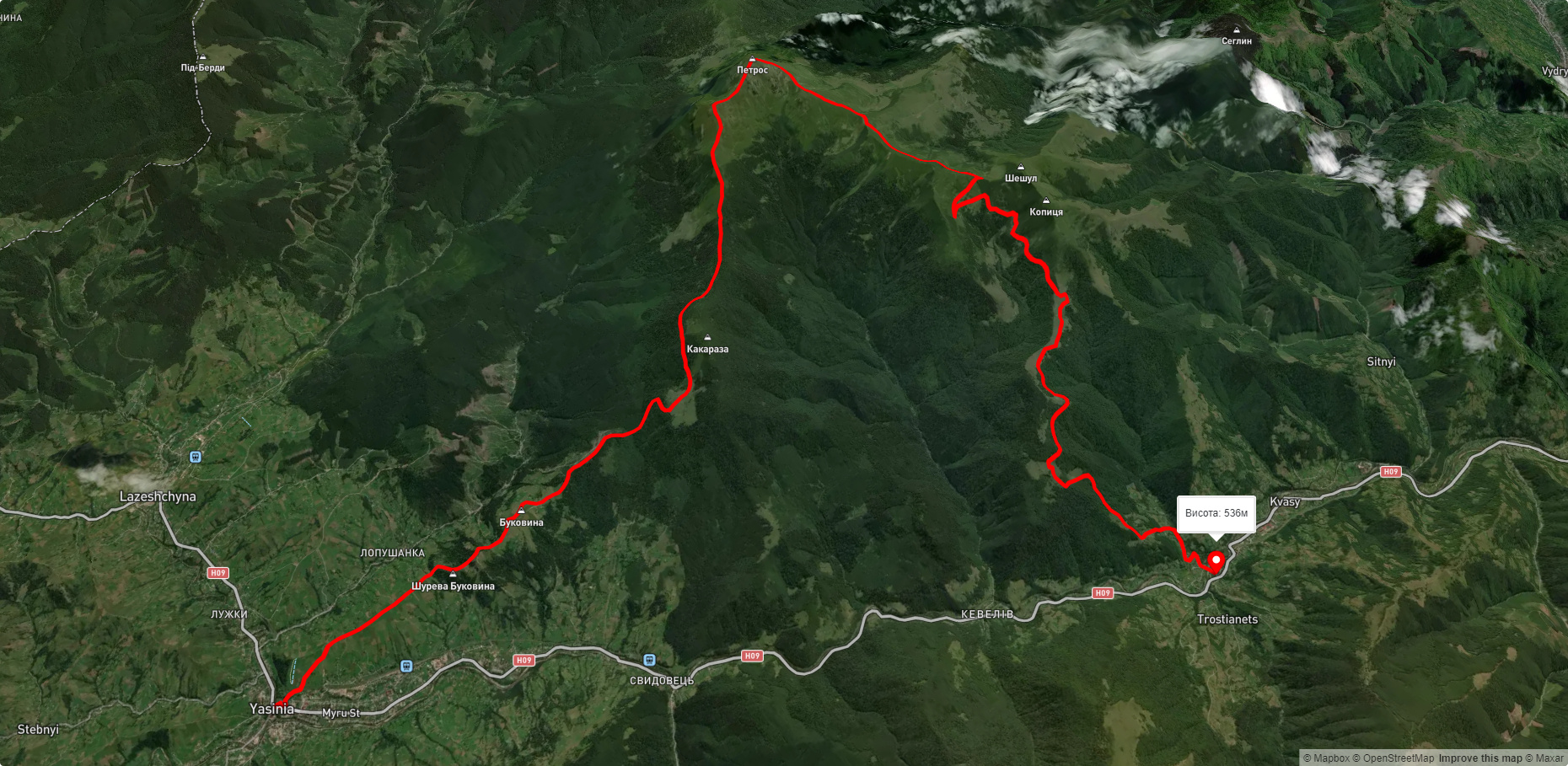 смт. Ясіня, через г. Петрос, г. Шешул до с. Кваси