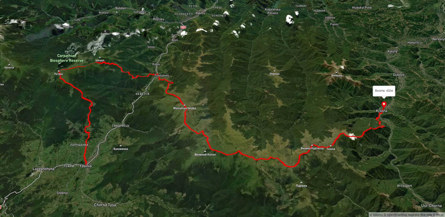 смт. Ясіня, через г. Петрос, г. Шешул, с. Кваси, г. Бистриця, г. Темпа до с. Красна