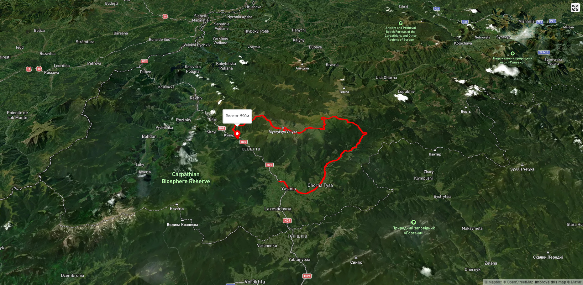 смт. Ясіня, через г. Татарука, г. Догяска, г. Стіг, г. Близниця до с. Кваси