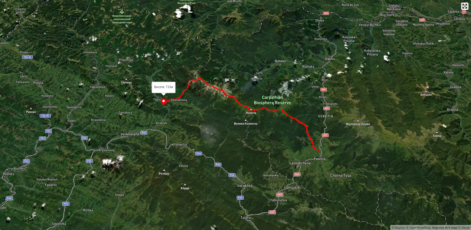 смт. Ясіня, через г.Петрос, г. Говерлу, г. Дземброня і г. Смотрич до с. Дземброня
