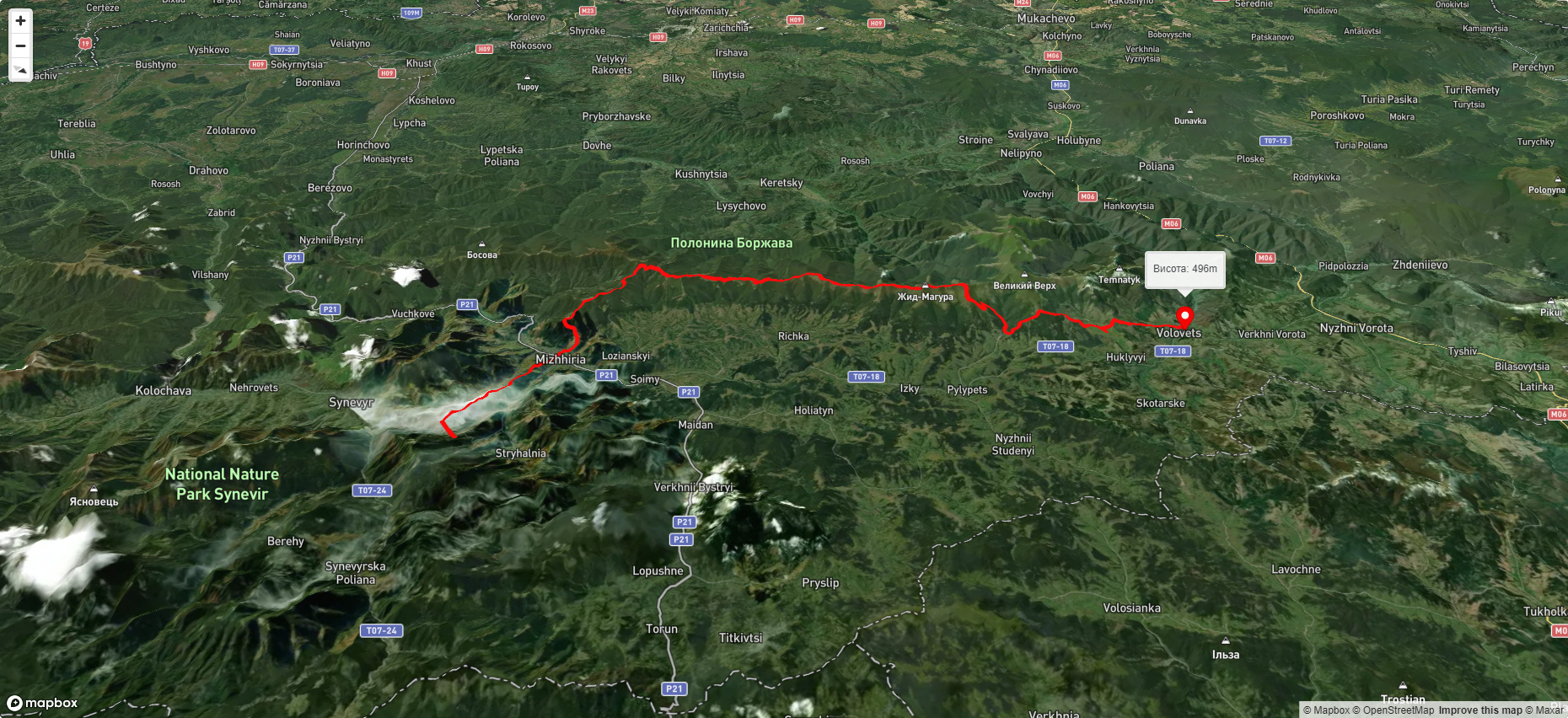 Синевирський перевал, через смт. Міжгір'я, г. Жид-Магура, г. Гемба, вдсп. Шипіт до смт. Воловець