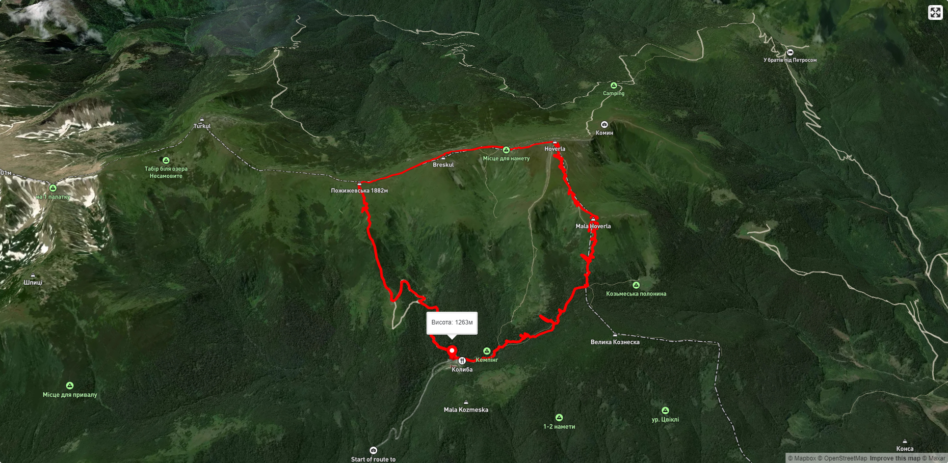 турбаза 'Заросляк', через г. Говерла, г. Пожижевська до турбази 'Заросляк'