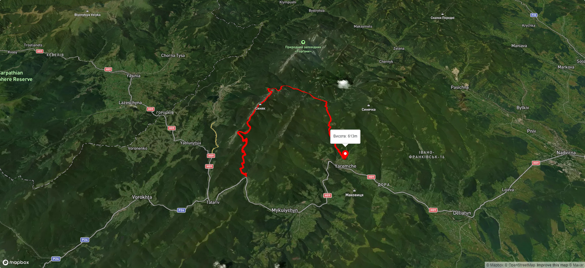 ур. Женець, через г. Хом'як, г. Синяк, г. Малий Горган до м. Яремче