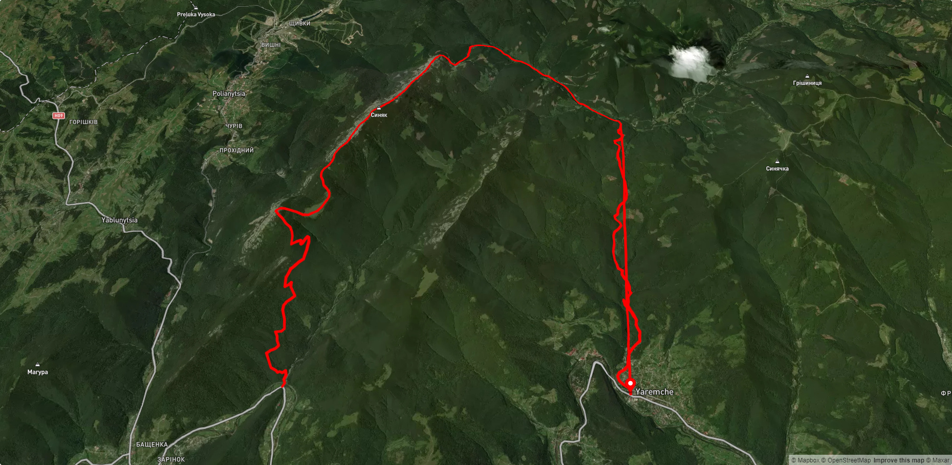 ур. Женець, через г. Хом'як, г. Синяк, г. Малий Горган до м. Яремче