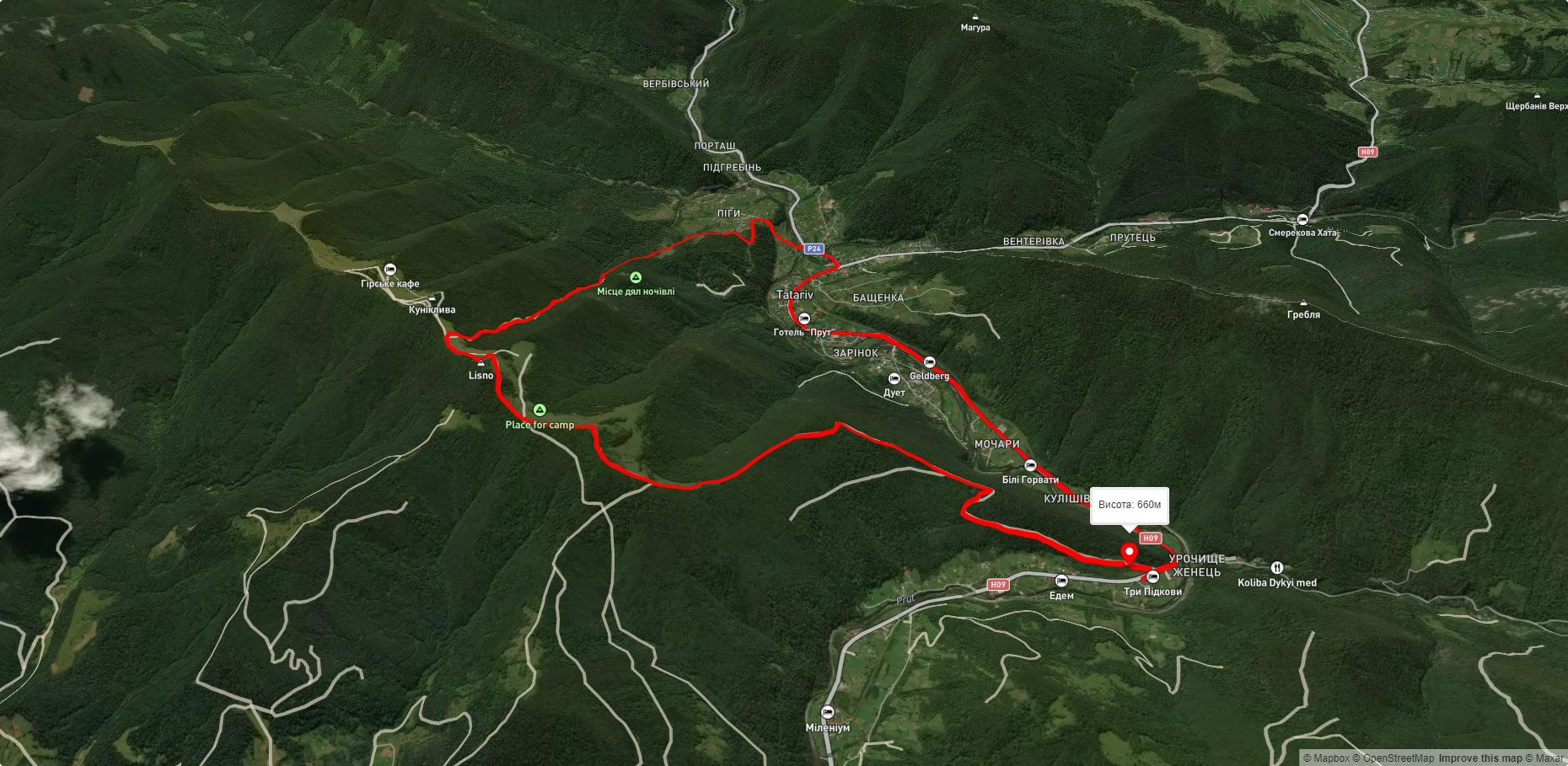 ур. Женець, через г. Ягідна, г.  Ліснів, с. Татарів до ур. Женець (с. Микуличин)