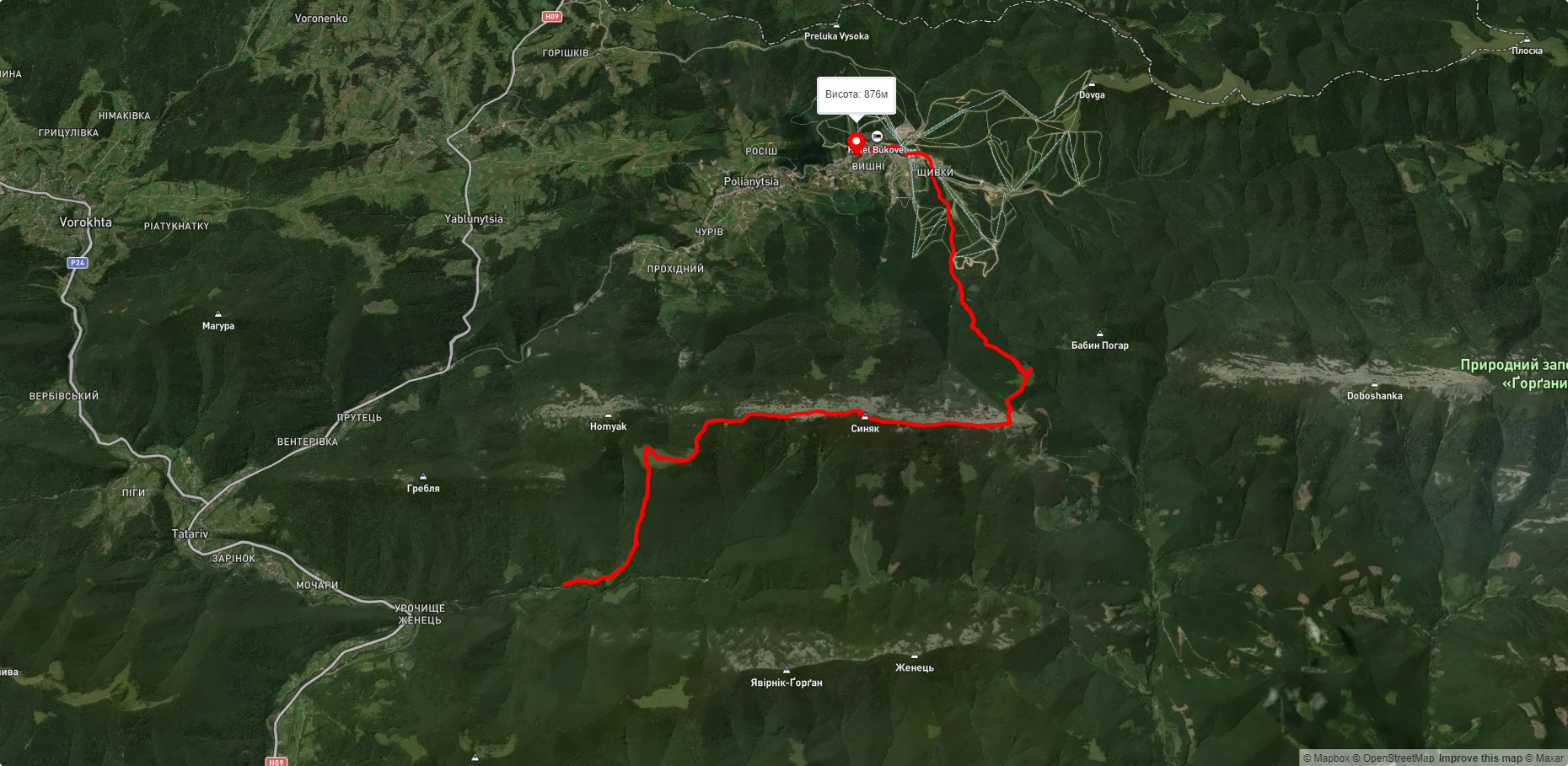 ур. Женець, через пол. Хом'яків, г. Синяк, г. Малий Горган до с. Поляниця