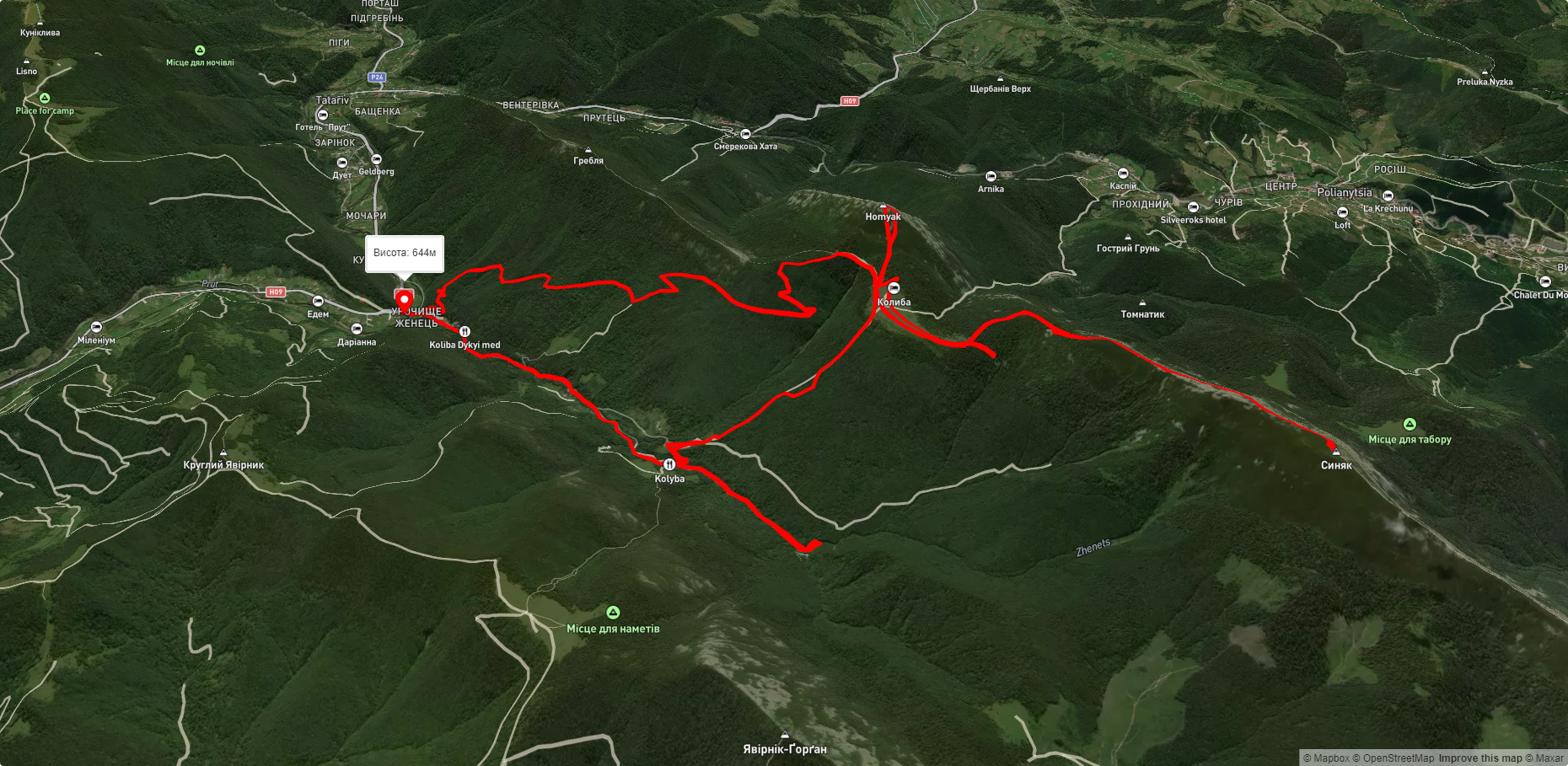 ур. Женець, через вдсп. Гук, г. Хом'як, г. Синяк до ур. Женець