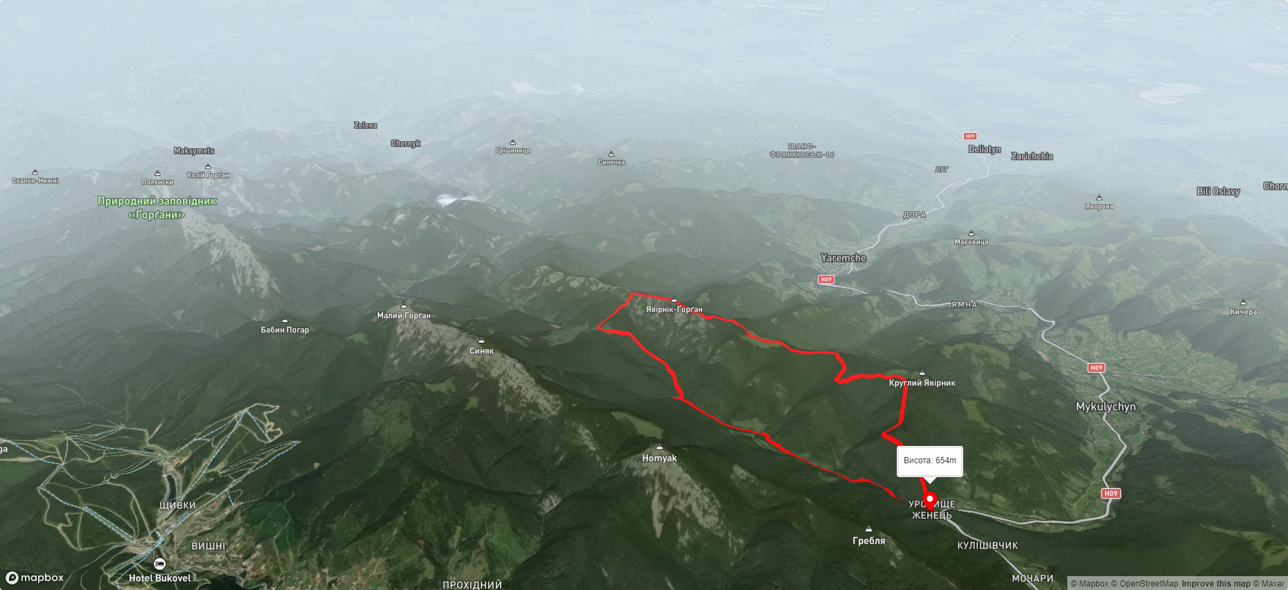 ур. Женець, через вдсп. Женецький Гук, хр. Явірник до ур. Женець (с. Микуличин)