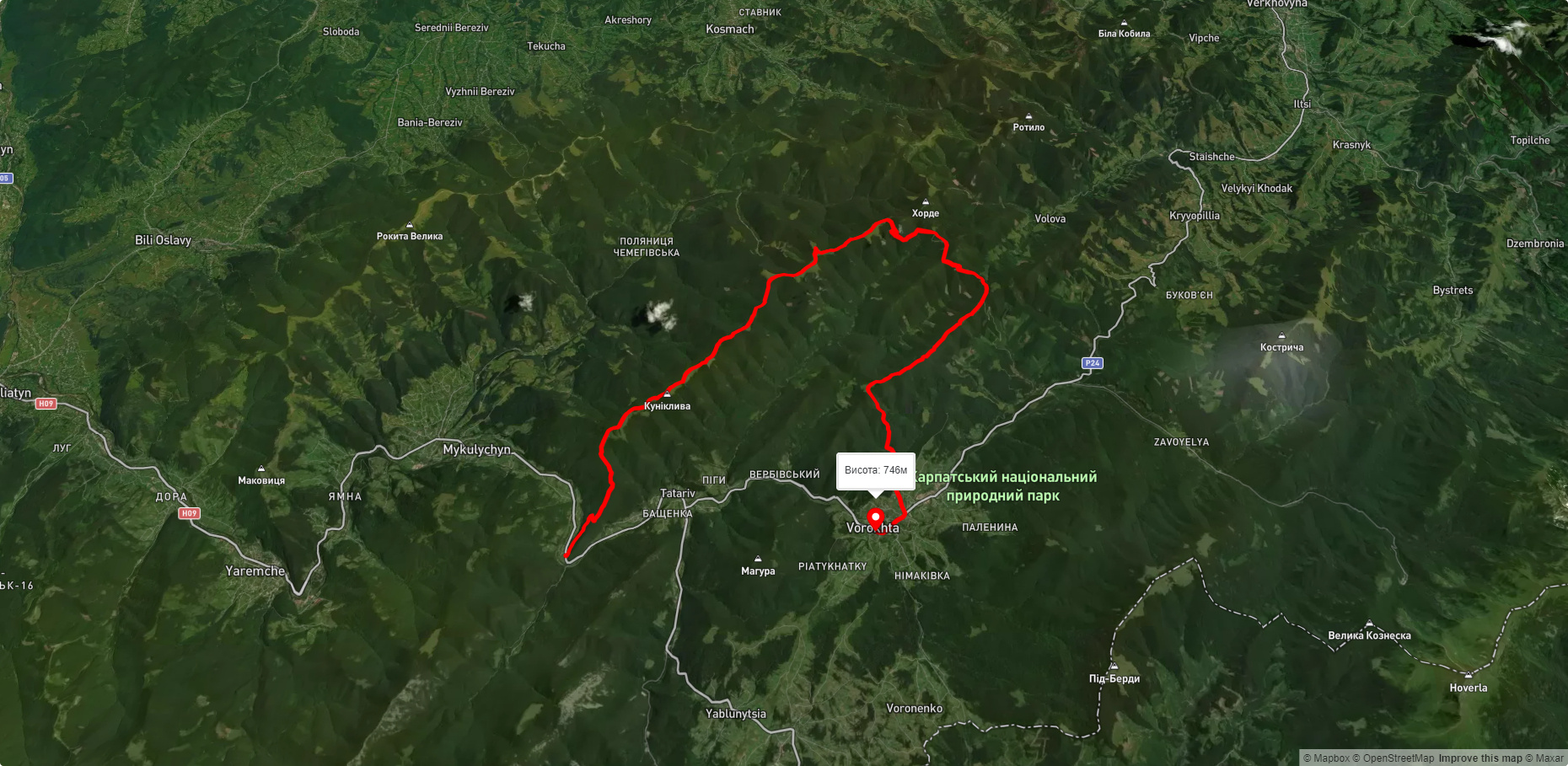 ур. Женець (с. Микуличин), через г. Ягідна, г. Ліснів, г. Хорде до смт. Ворохта