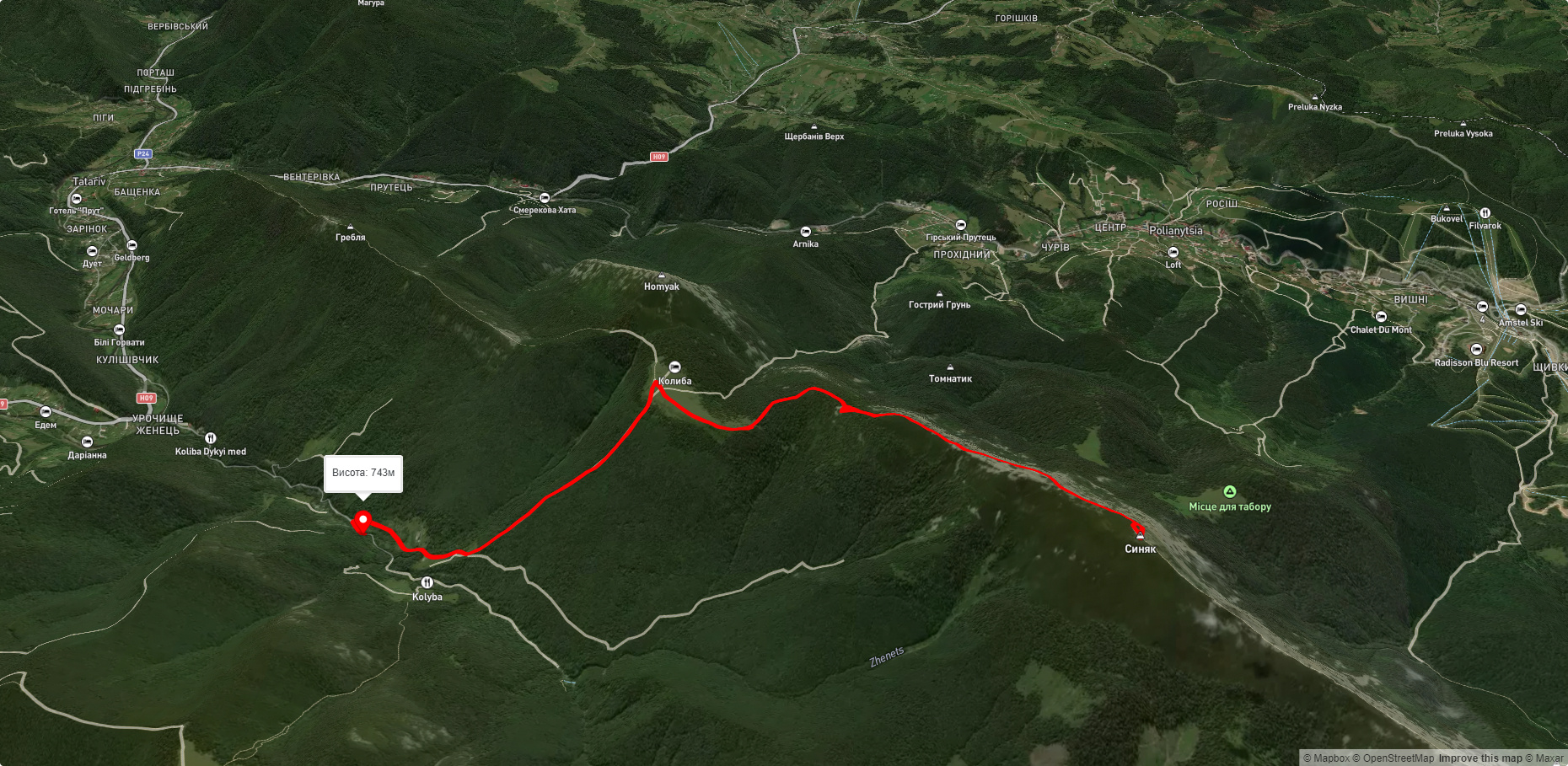 ур. Женець (с. Микуличин), через пол. Хом'яків, г. Синяк до ур. Женець