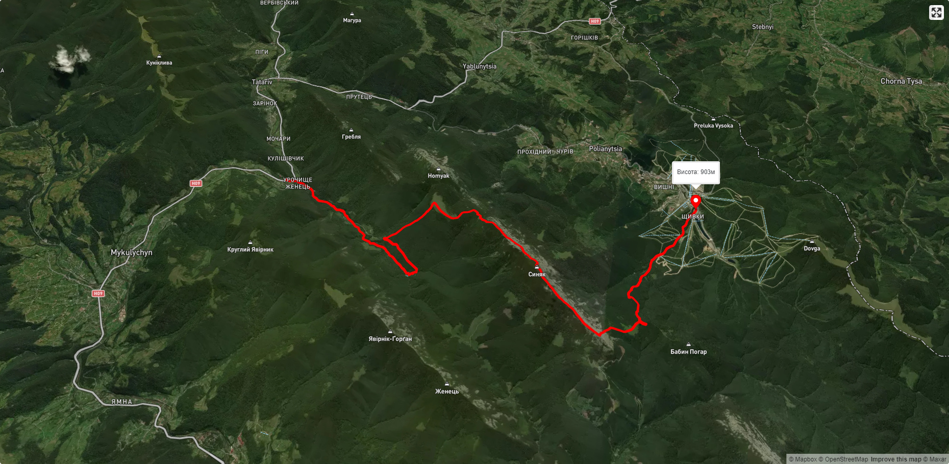 ур. Женець (с. Микуличин), через вдсп. Женецький Гук, пол. Хом'яків, г. Синяк, г. Малий Горган до с. Поляниця